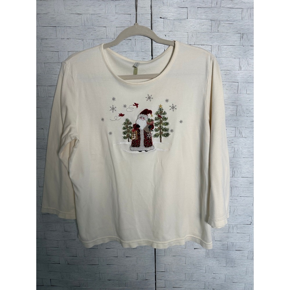 White stag woman's Christmas T-shirt Santa embroidered appliquéd beaded front